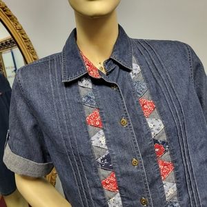 Vintage 1980s Denim Shirt bandana appliques short sleeve M vtg grunge punk